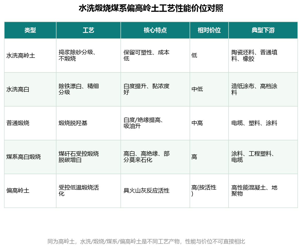 水洗煅烧煤系偏高岭土工艺性能价位对照